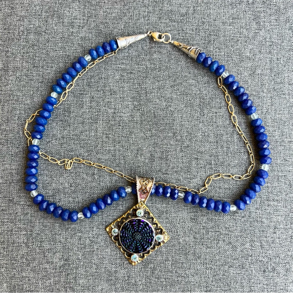 Mars and Valentine Royal Blue Beaded Necklace with Intricate Gold Pendant